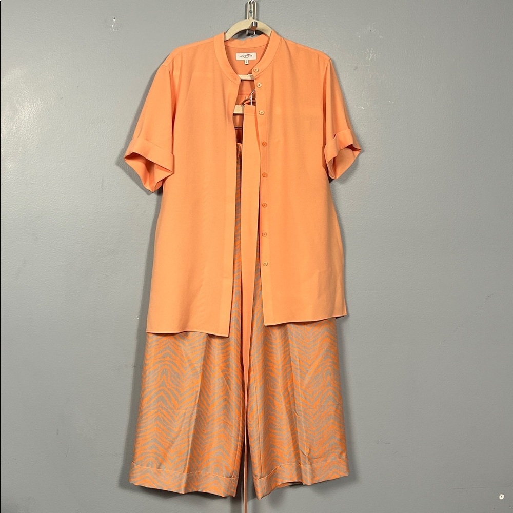 LAFAYETTE 148 NEW YORK Sabine Tanned Coral Print Silk Pants with orange shirt M